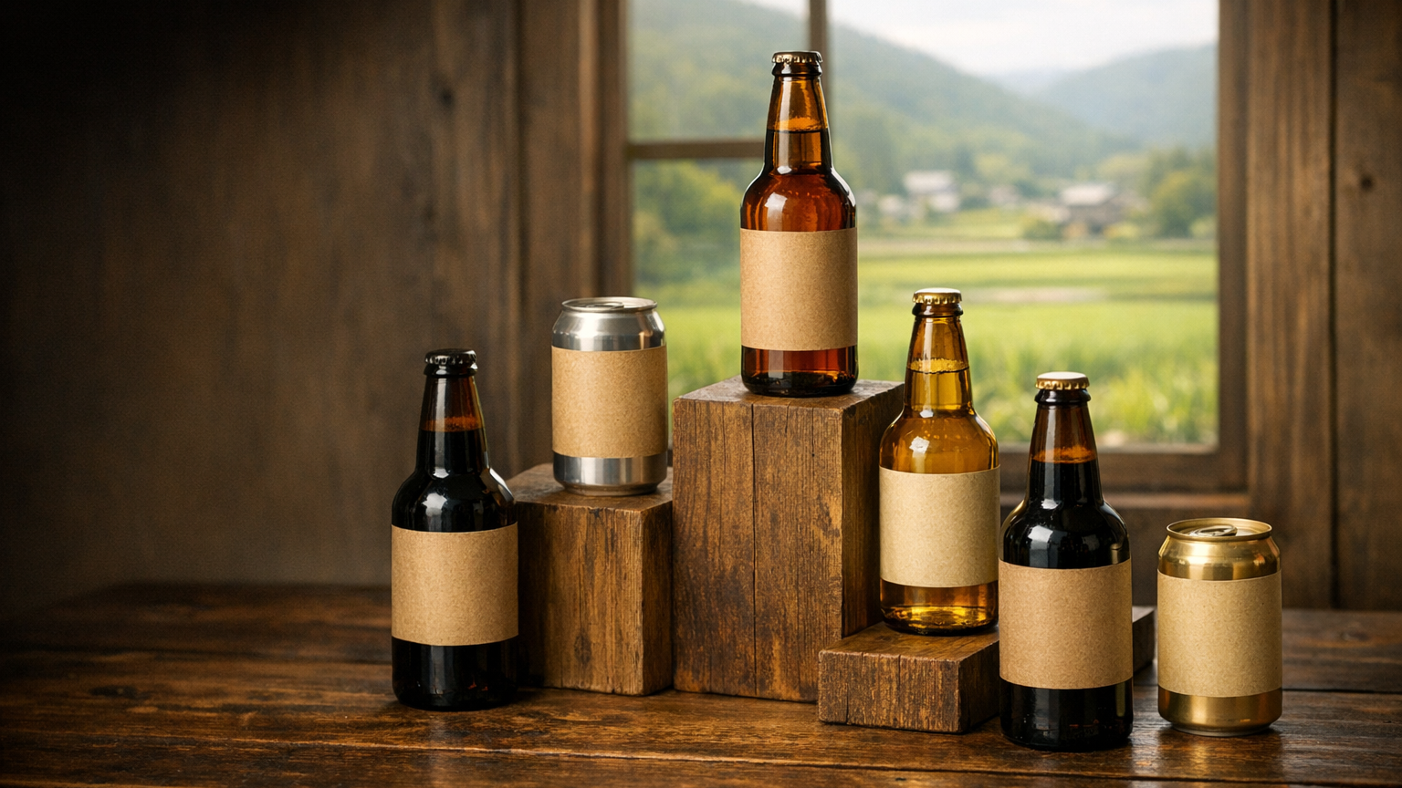 木の台に段違いに並んだ、ラベルのないクラフトビールの瓶と缶（国産クラフトビール人気ランキングのイメージ）