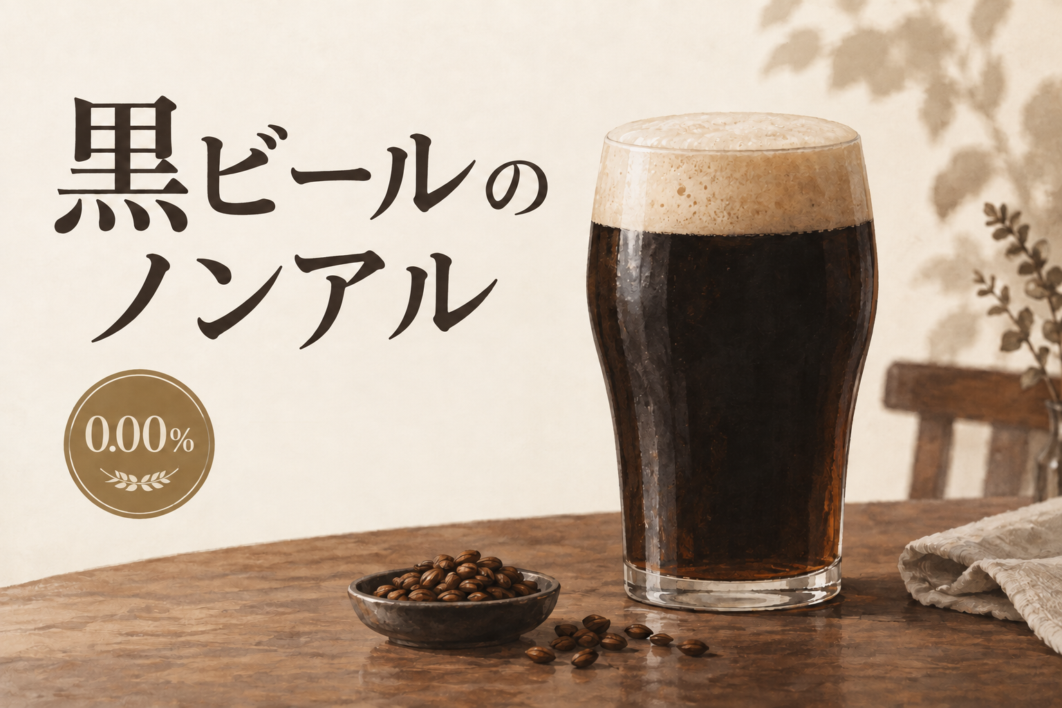黒ビールのノンアルと0.00％表示、黒い飲料を注いだグラスのイメージイラスト